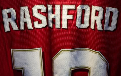 Marcus Rashford of Manchester United's shirt is hung up in the dressing room ahead of the UEFA Europa League group L match between Manchester United and AZ Alkmaar at Old Trafford on December 12, 2019 in Manchester, United Kingdom - Credit: Manchester United