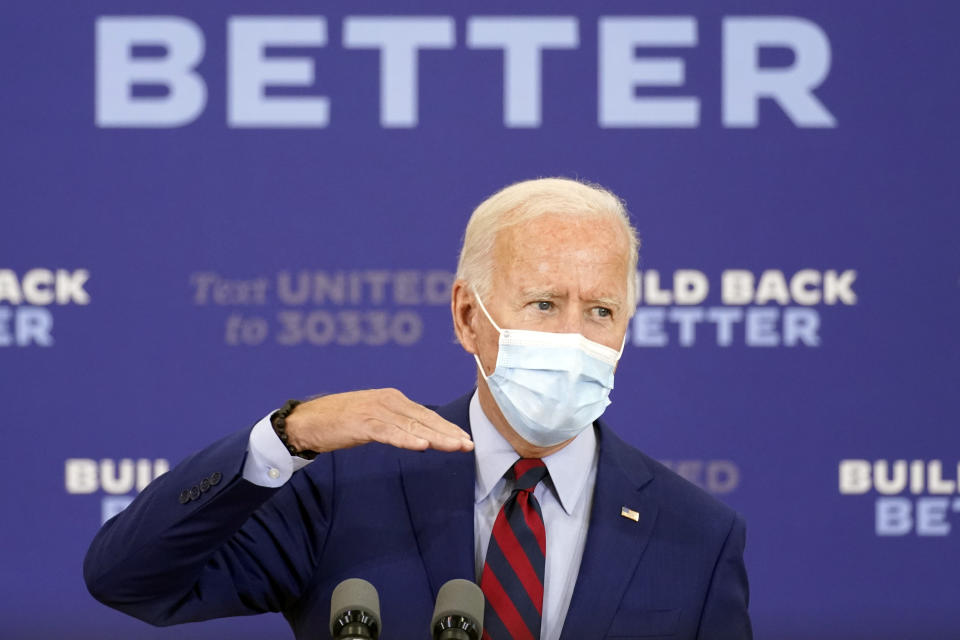 Democratic presidential candidate former Vice President Joe Biden speaks at Jose Marti Gym, Monday, Oct. 5, 2020, in Miami. (AP Photo/Andrew Harnik)