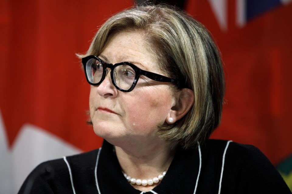 TORONTO, ON - JANUARY 27: Dr. Barbara Yaffe, Ontario's Associate Chief Medical Officer of Health listens during a press briefing on the coronavirus at Queens Park on January 27, 2020 in Toronto, Canada. The Ontario health officials announced the confirmation of the first case of the novel coronavirus in Toronto, along with a presumptive second case of the virus in the city. (Photo by Cole Burston/Getty Images)