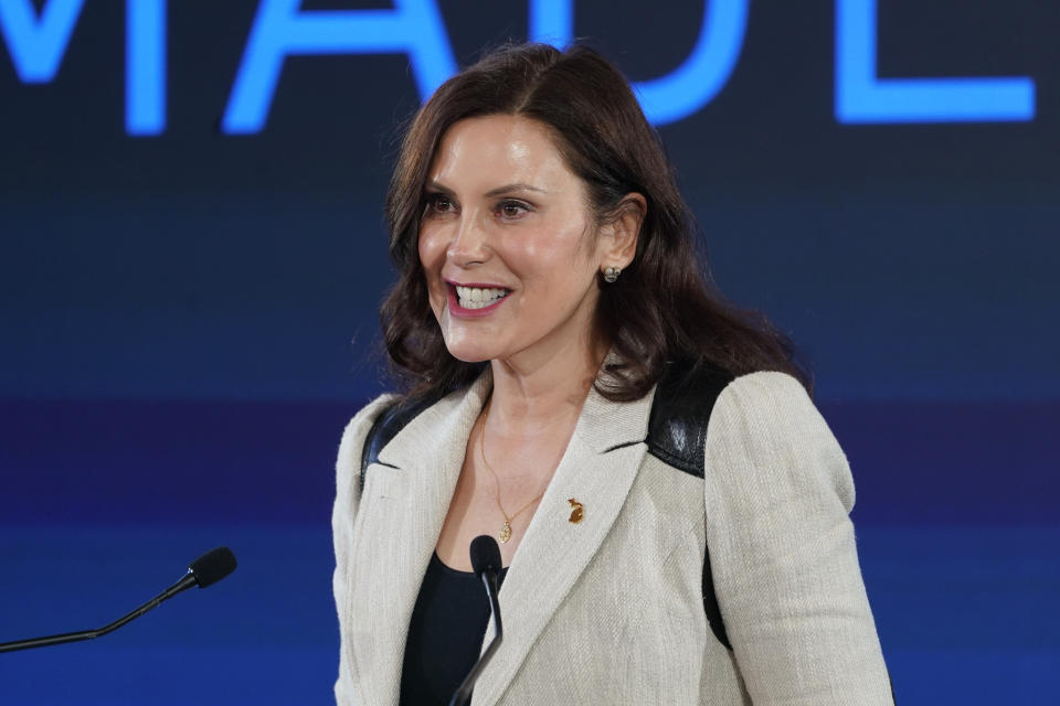 FILE - Gov. Gretchen Whitmer, D-Mich., speaks during a news conference in Lansing, Mich., Jan. 25, 2022. The Republican primary for Michigan governor is shaping up as a battle of whose personal baggage is the least disqualifying. In an otherwise favorable election year for Republicans, the spectacle nature of the Aug. 2 contest could hobble the party’s effort to defeat Democratic Gov. Gretchen Whitmer. (AP Photo/Paul Sancya, File)