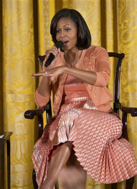 First lady Michelle Obama speaks to children in the East Room of the White House in Washington, Thursday, April 26, 2012, during a celebration of the 