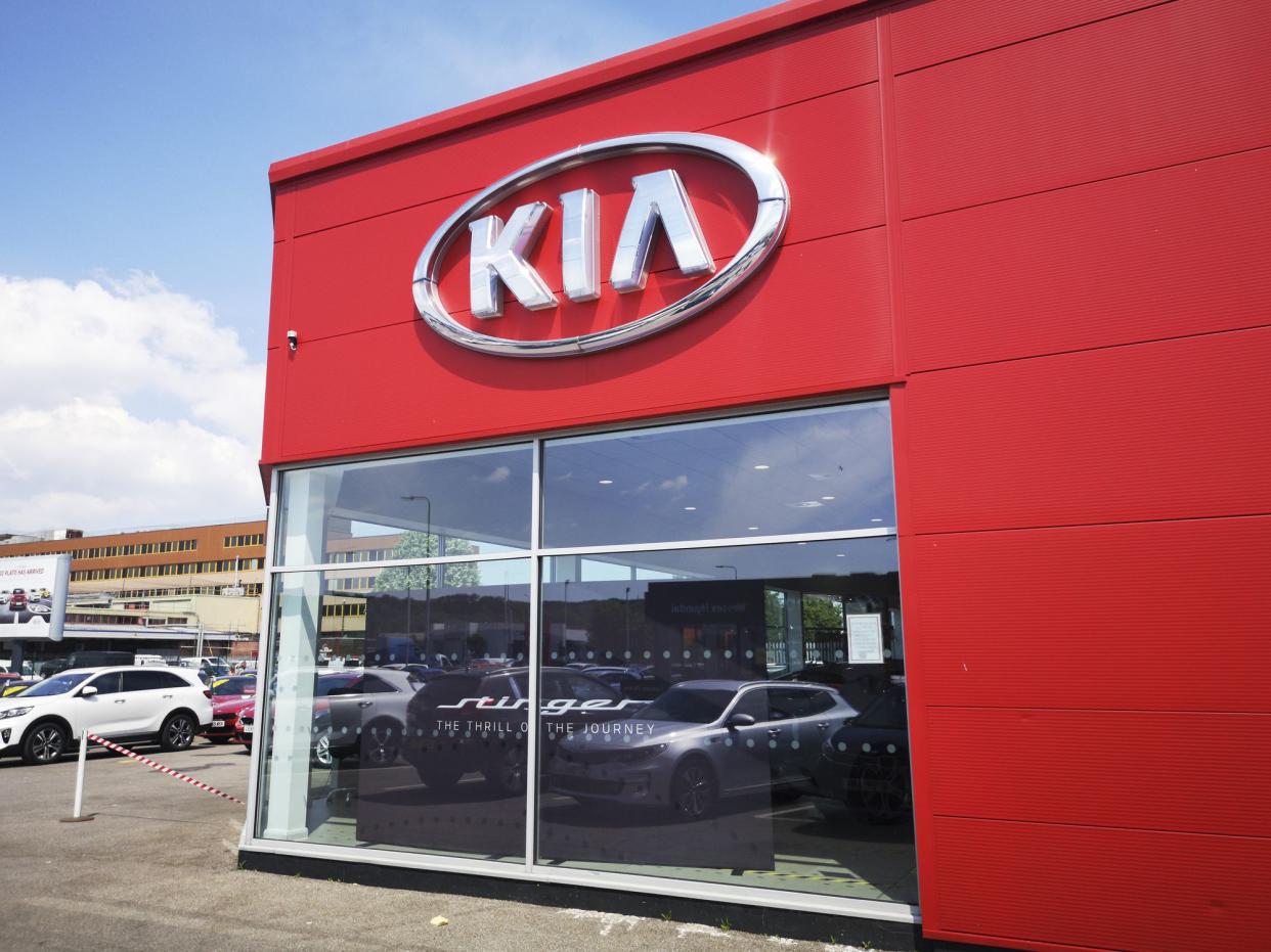 Cardiff, UK: June 02, 2020: Kia Car Dealership with new and used cars for sale. Kia Motors Corporation, commonly known as Kia Motors is headquartered in Seoul