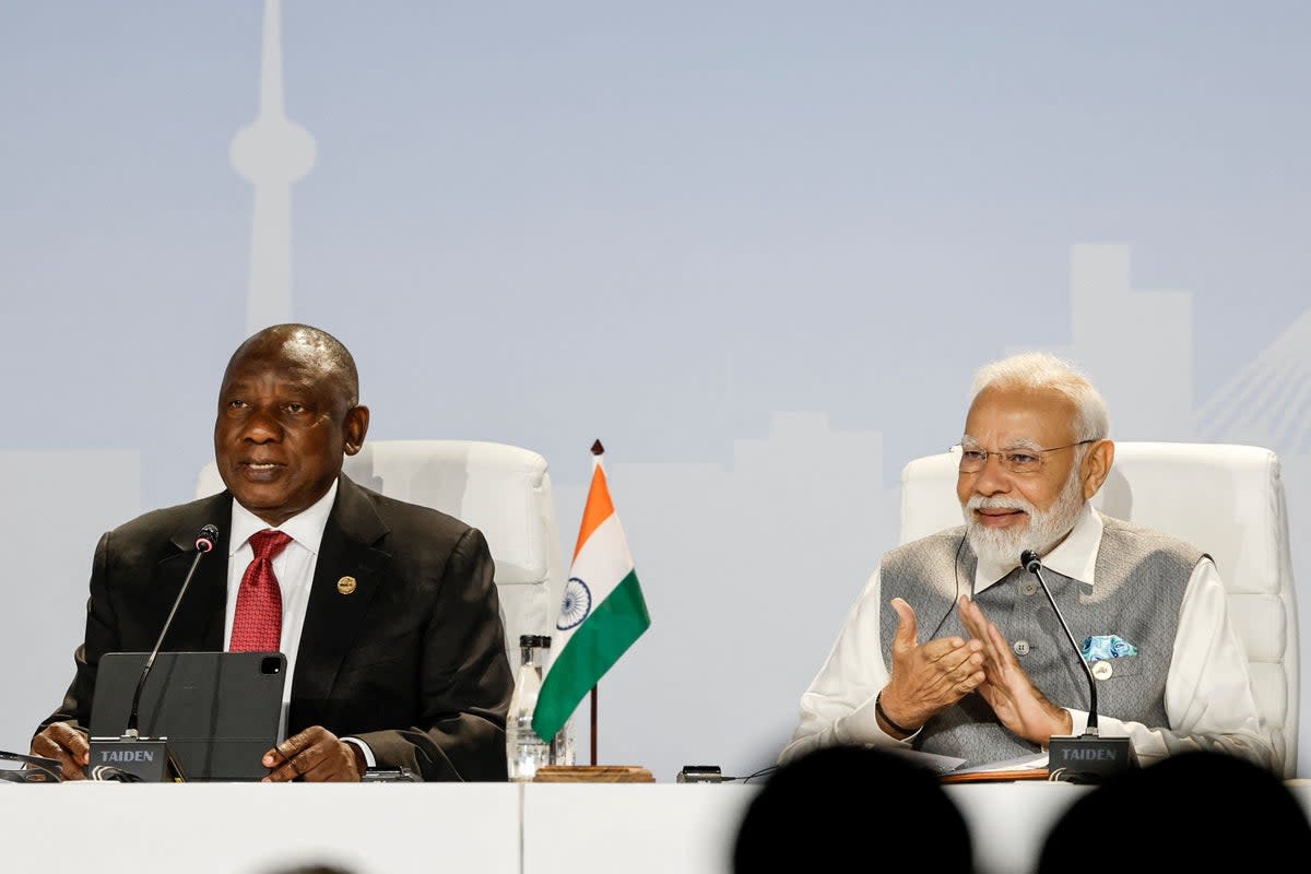 South African president Cyril Ramaphosa and Indian prime minister Narendra Modi at the 2023 Brics Summit (AFP via Getty Images)