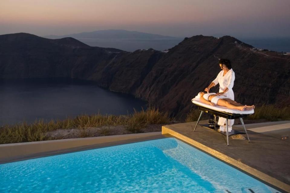 <p>Set around a sleek infinity pool competing for attention with the caldera (it’s a valiant effort, but it doesn’t stand a chance), the milky-coloured <a href="https://www.booking.com/hotel/gr/avaton-resort-and-spa.en-gb.html?aid=2200764&label=best-hotels-santorini" rel="nofollow noopener" target="_blank" data-ylk="slk:Avaton Resort & Spa;elm:context_link;itc:0;sec:content-canvas" class="link ">Avaton Resort & Spa</a> is in Imerovigli and close to the hike-worthy headland of Skaros Rock. </p><p>Treatments on offer at the LED-lit cave of a spa – which is so romantic that it moonlights as the restaurant on windy days – include hot-stone massages, wine and honey facials (not at the same time), and jasmine and white tea body scrubs. Fira is two kilometres away, or stay put for dinners of the freshest local produce on the caldera-facing terrace.</p><p><a class="link " href="https://www.booking.com/hotel/gr/avaton-resort-and-spa.en-gb.html?aid=2200764&label=best-hotels-santorini" rel="nofollow noopener" target="_blank" data-ylk="slk:CHECK AVAILABILITY;elm:context_link;itc:0;sec:content-canvas">CHECK AVAILABILITY</a></p>