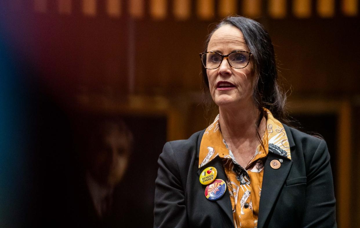 Sen. Janae Shamp on the Senate floor inside the Arizona State Senate in Phoenix on Jan. 23, 2024.