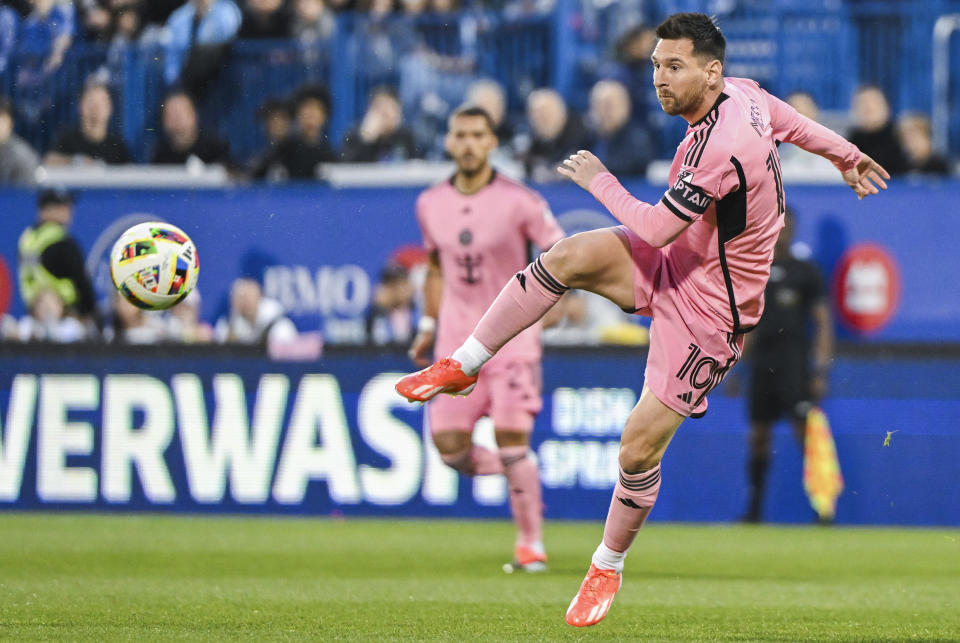 Inter Miami's Lionel Messi plays a pass during the first half of the team's MLS soccer match against CF Montreal on Saturday, May 11, 2024, in Montreal. (Graham Hughes/The Canadian Press via AP)