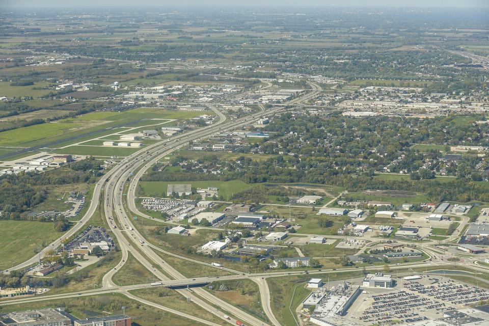 A view from an airplane of I-41 and western Fond du Lac in October 2019 in Fond du Lac, Wis. The Military Road exit is in the foreground, with Johnson Street sitting on exit north.