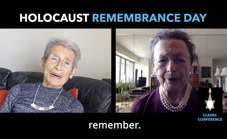 This April 2022 image from video shows two of 100 Holocaust survivors, Eva Evans, left, and Judith Bihaly, right, who participated in a video marking Yom HaShoah, Israel's Holocaust Remembrance Day. They are asking people to stand with them and remember the Nazi genocide to avoid repeating the horrors of the past. (Greg Schneider via AP)