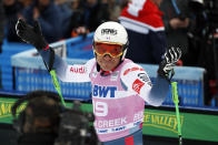 France's Johan Clarey reacts after his run during a men's World Cup downhill skiing race Saturday, Dec. 7, 2019, in Beaver Creek, Colo. (AP Photo/John Locher)