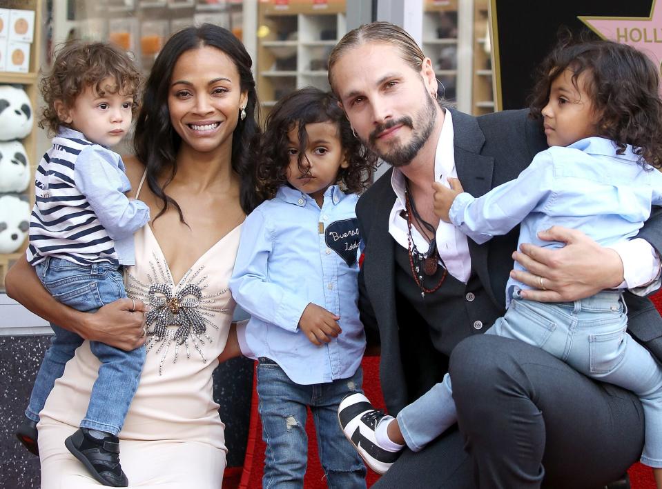 Zoe Saldana with her husband, Marco Perego and their children, Bowie Ezio Perego-Saldana, Cy Aridio Perego-Saldana and Ezio Perego attend the ceremony honoring Zoe Saldana with A Star on The Hollywood Walk of Fame held on May 3, 2018 in Hollywood, California