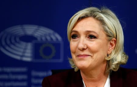 French far-right National Rally party leader Le Pen addresses a news conference at the EU Parliament in Brussels