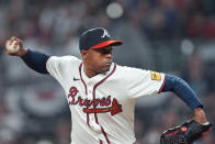 Atlanta Braves relief pitcher Raisel Iglesias delivers to a Arizona Diamondbacks batter in the ninth inning of a baseball game Saturday, April 6, 2024, in Atlanta. (AP Photo/John Bazemore)