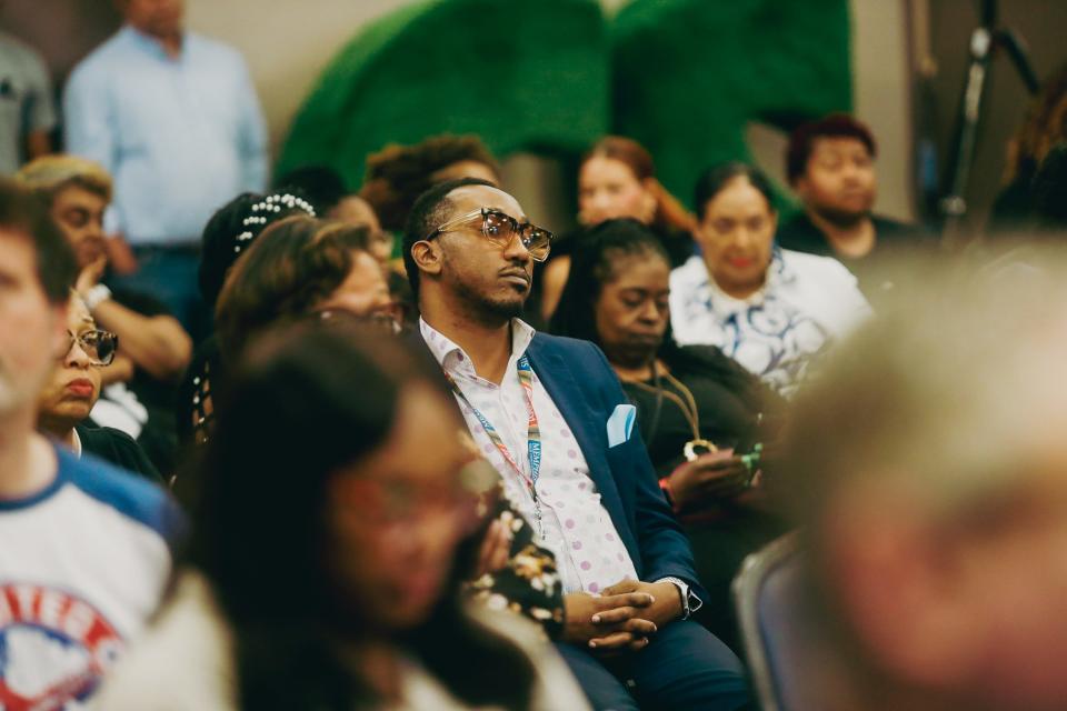 MSCS employees listen to their colleagues speak during a special-called board meeting about the "rapid and chaotic changes taking place in Memphis-Shelby County Schools" on Tuesday, June 11, 2024, at Shelby County Board of Education in Memphis, Tenn.