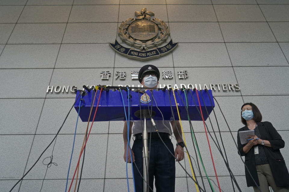 Chris Tang, commissioner of the Hong Kong Police Force, speaks to the media during a press conference in Hong Kong, Wednesday, May 12, 2021. A top Hong Kong national security officer was reportedly caught up in a raid on an unlicensed massage business, and will face a police force investigation into the alleged misconduct. Hong Kong’s Director of National Security Frederic Choi has since been put on leave after the incident, according to Tang. (AP Photo/Kin Cheung)