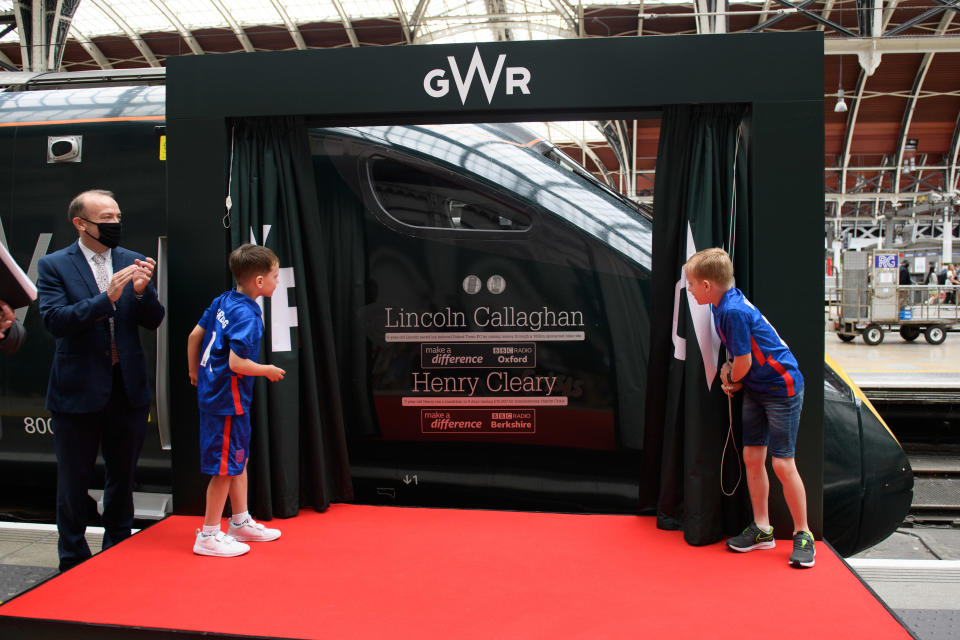 Lincoln Callaghan (left) and Henry Cleary the duo have become youngest ever to have train named in their honour. Two mini-marvels are to become the youngest ever to have their names on the side of a train as Great Western Railway celebrates their fundraising heroics. Didcot Town superfan Lincoln Callaghan and young marathon runner Henry Cleary were chosen as BBC Make a Difference Superstars for selflessly helping others at the peak of the Covid-19 pandemic.