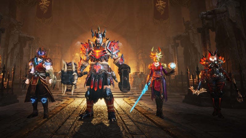Four warriors carrying different weapons and wearing spiky, red armor stand together in a dark castle. 