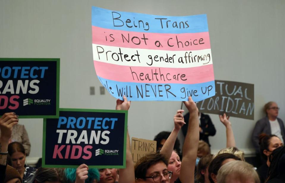 <div class="inline-image__caption"><p>People hold signs during a joint board meeting of the Florida Board of Medicine and the Florida Board of Osteopathic Medicine gather to establish new guidelines limiting gender-affirming care in Florida, on Nov. 4, 2022.</p></div> <div class="inline-image__credit">Ricardo Ramirez Buxeda/Orlando Sentinel/Tribune News Service via Getty Images</div>