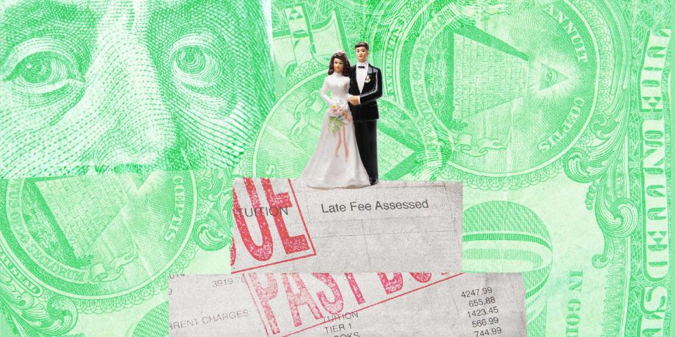 bride and groom cake topper on late school bills arranged to form a wedding cake, against a green background made up of collaged close-ups of a 100 dollar bill
