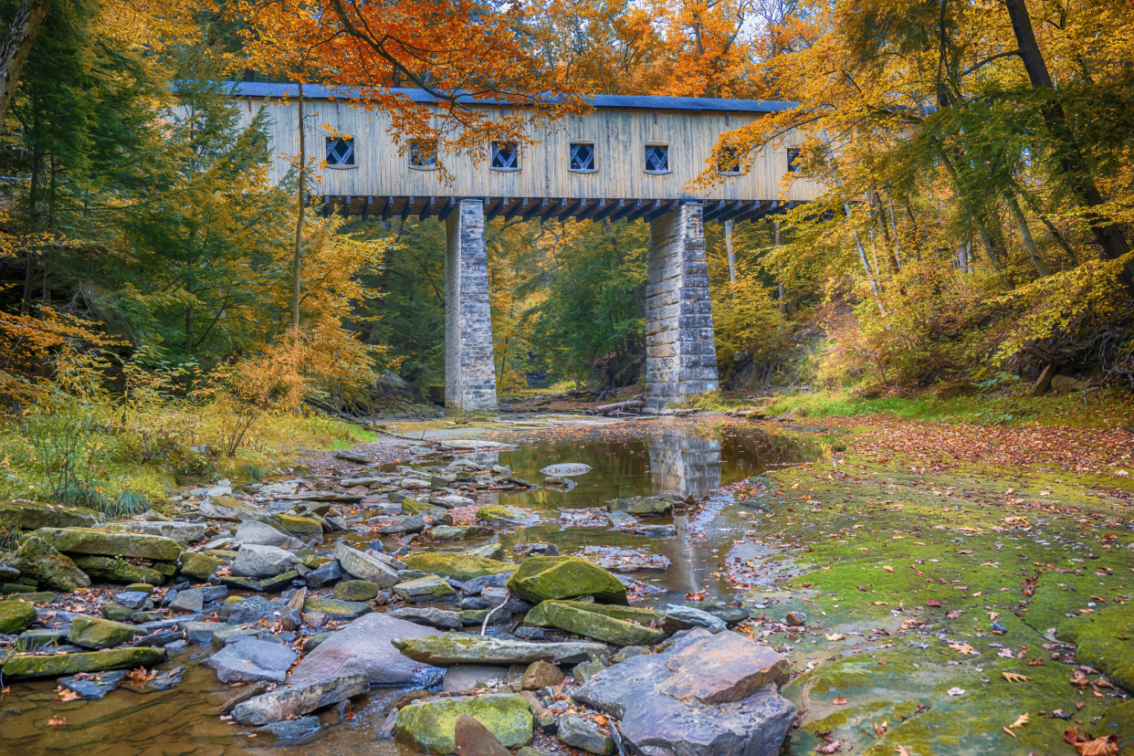 Covered Bridge Over Creek in Ohio, During Autumn