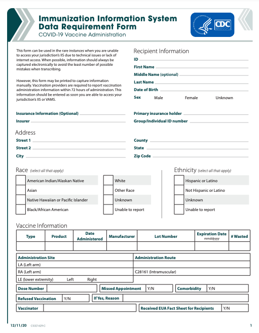 Vaccination sites can use this form when they lack internet. (Centers for Disease Control and Prevention)