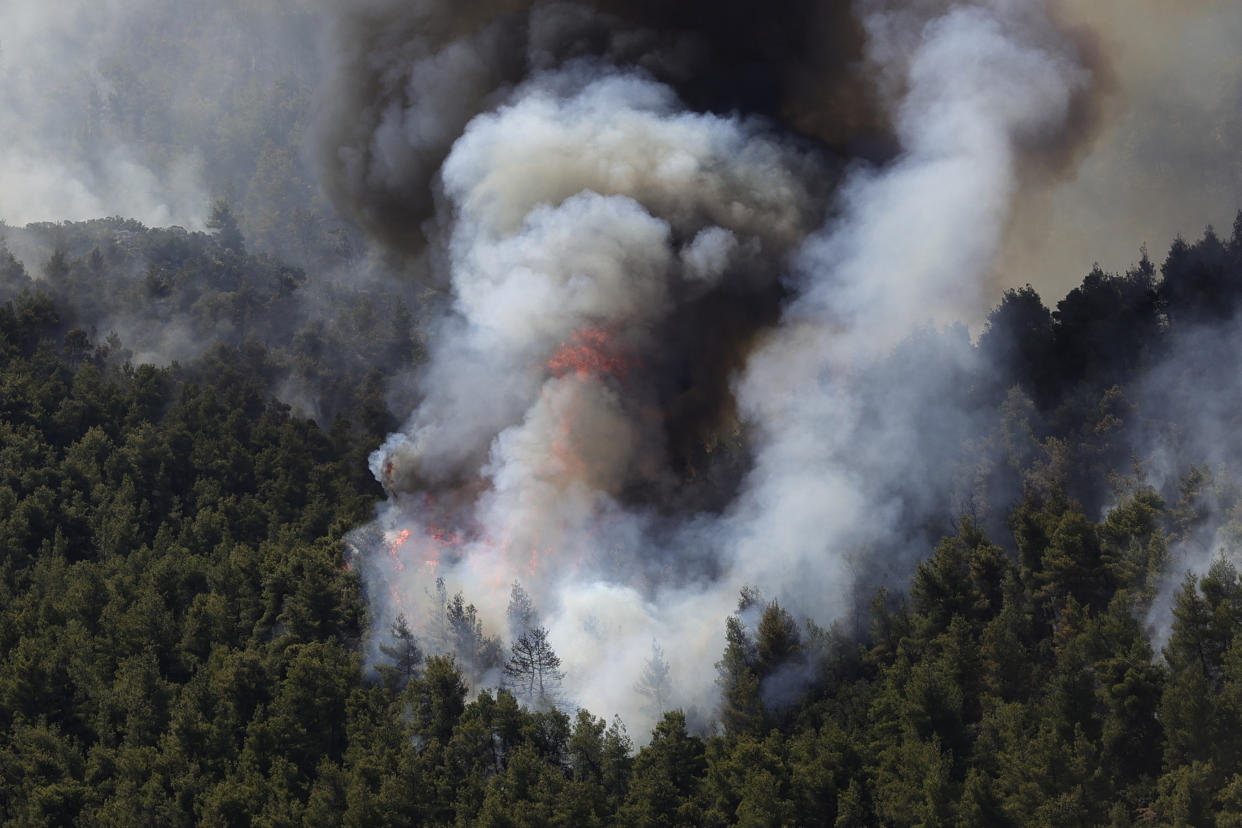 ATHENS, GREECE - AUGUST 17: Wildfire in a forested area near the village of Vilia in Athens, Greece on August 17, 2021. (Photo by Ayhan Mehmet/Anadolu Agency via Getty Images)