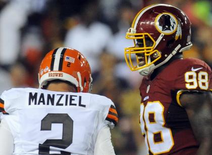 Washington LB Brian Orakpo reacts after Cleveland Johnny Manziel was sacked in the first half. (AP)