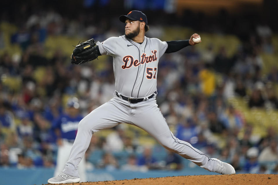 Detroit Tigers starting pitcher Eduardo Rodriguez throws during the second inning of a baseball game against the Los Angeles Dodgers, Monday, Sept. 18, 2023, in Los Angeles. (AP Photo/Ryan Sun)