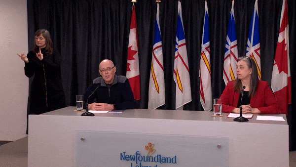 At a March 17 briefing at Confederation Building, Health Minister John Haggie and Janice Fitzgerald, the chief medical officer of health, demonstrated a principle of physical distancing. 