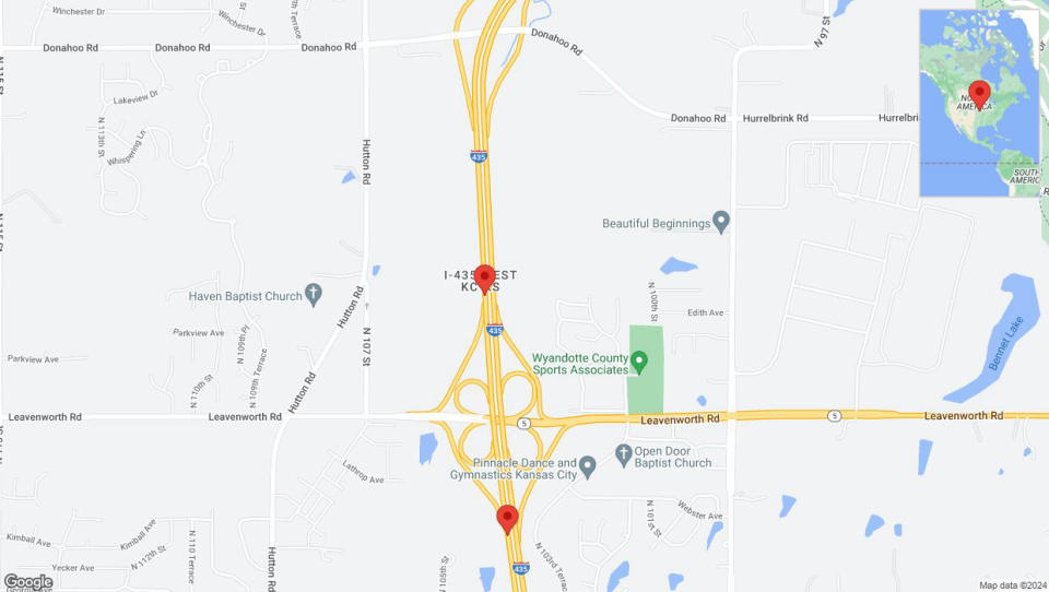 A detailed map that shows the affected road due to 'Kansas City: I-435 temporarily closed until Apr. 2' on June 13th at 1:04 p.m.