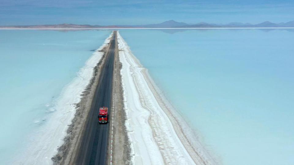 A truck crossing the flooded southern zone of the Uyuni Salt Flat, Bolivia.