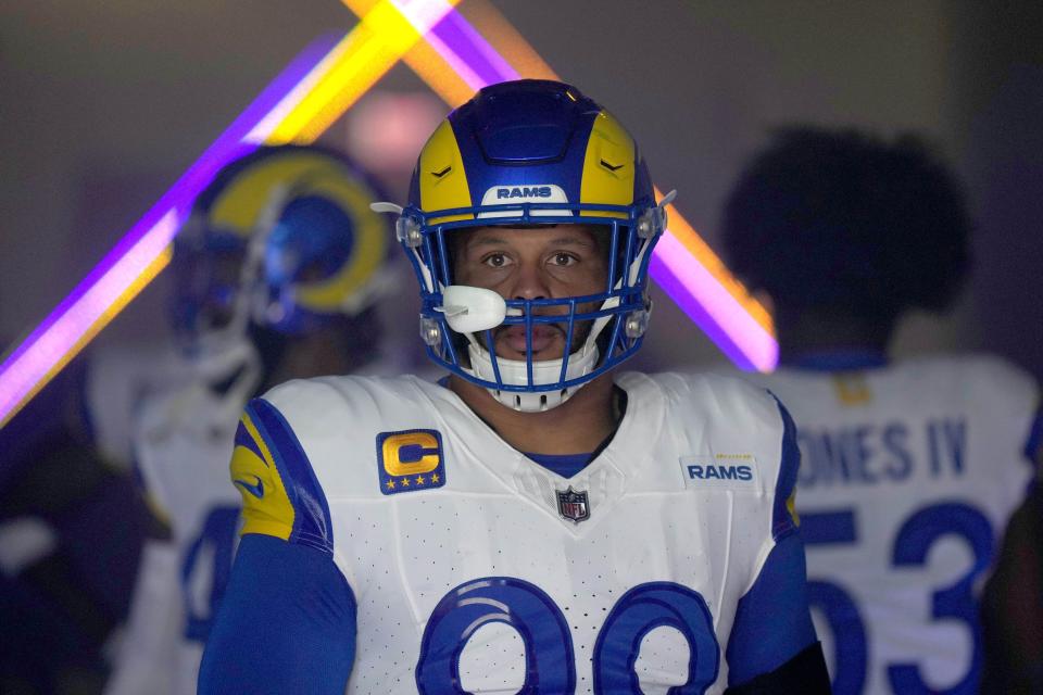 Aaron Donald enters the field before the game against the Cleveland Browns at SoFi Stadium on Dec. 3, 2023.