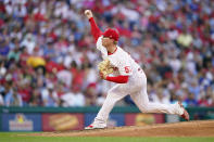 Philadelphia Phillies' Nick Nelson pitches during the fifth inning of a baseball game against the St. Louis Cardinals, Friday, July 1, 2022, in Philadelphia. (AP Photo/Matt Slocum)