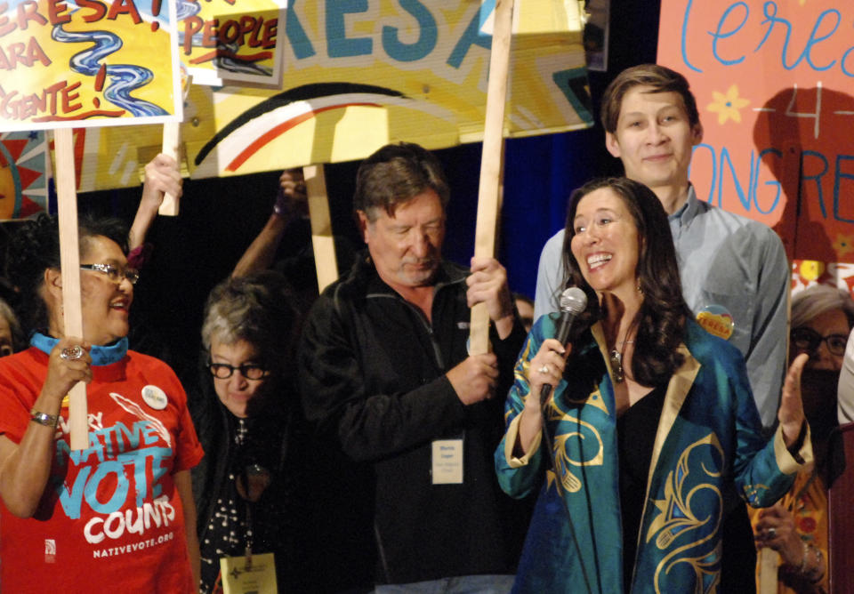 In this March 7, 2020, photo, attorney Teresa Leger Fernandez of Santa Fe speaks to local Democratic delegates at a preprimary convention in Pojoaque, N.M. Leger Fernandez is one of seven contenders for the Democratic nomination in New Mexico's June 2 primary to succeed U.S. Rep. Ben Ray Lujan in the 3rd Congressional District as he runs for the U.S. Senate. (AP Photo/Morgan Lee)