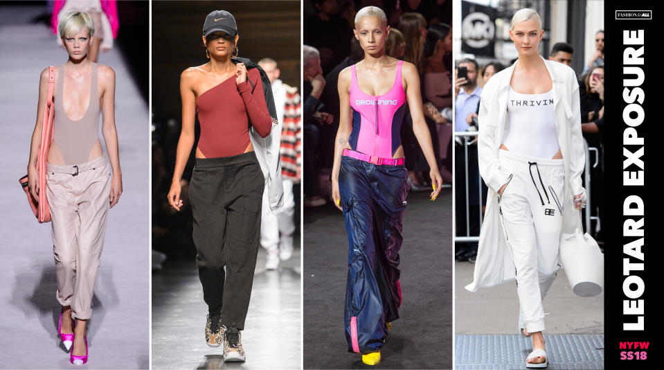 <p><i>Athleisure just became a little bit sexier. Models at Tom Ford and Baja East wore their sporty trousers low, showing off their hips peeking out from their leotards. This runway trend might be the easiest to assemble from your closet, but it is surely not the most realistic. (Photo: ImaxTree) </i></p>