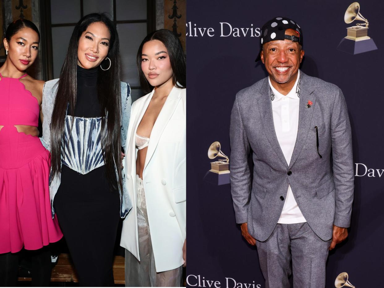 left: aoki, kimora, and ming lee simmons posing together, all softly smiling, wearing formal clothes, and with their hair worn straight; right: russell simmons on a red carpet, smiling and weaing a backwards cap and suit