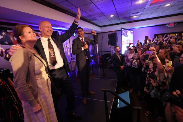 Republican gubernatorial candidate Doug Mastriano waves to supporters as he takes the stage to give a victory speech at his election-night party at The Orchards on May 17 in Chambersburg, Pennsylvania. (Photo: Michael M. Santiago via Getty Images)