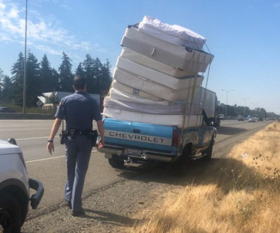 A Washington State Patrol trooper stopped the driver of this pickup truck Wednesday on southbound Interstate 5, just south of state Route 512. The driver was cited for failing to secure their load.