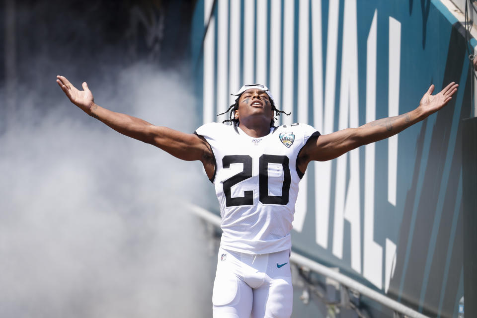 JACKSONVILLE, FLORIDA - SEPTEMBER 08: Jalen Ramsey #20 of the Jacksonville Jaguars enters the field during player introductions before a game against the Kansas City Chiefs at TIAA Bank Field on September 08, 2019 in Jacksonville, Florida. (Photo by James Gilbert/Getty Images)