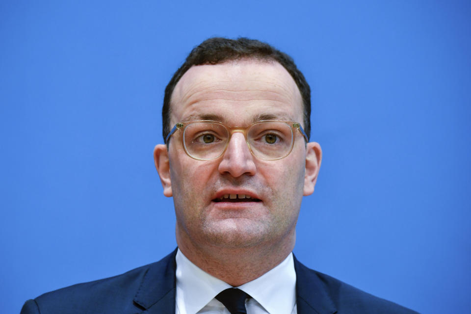 German Health Minister Jens Spahn speaks during a press conference in Berlin, Germany, Tuesday, Dec. 15, 2020 in Berlin on the new coronavirus Covid-10 pandemic. (Tobias Schwarz/Pool Photo via AP)