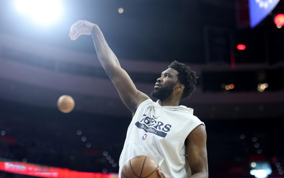 PHILADELPHIA, PENNSYLVANIA - MAY 07: Joel Embiid #21 of the Philadelphia 76ers warms up prior to game four of the Eastern Conference Second Round Playoffs against the Boston Celtics at Wells Fargo Center on May 07, 2023 in Philadelphia, Pennsylvania. NOTE TO USER: User expressly acknowledges and agrees that, by downloading and or using this photograph, User is consenting to the terms and conditions of the Getty Images License Agreement. (Photo by Tim Nwachukwu/Getty Images)