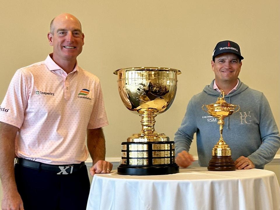 The two current U.S. international match-play captains display the respective trophies their teams play for: Jim Furyk (left), who is the Presidents Cup captain for 2024 in Montreal and Zach Johnson (right) who was the Ryder Cup captain in Rome last week.
