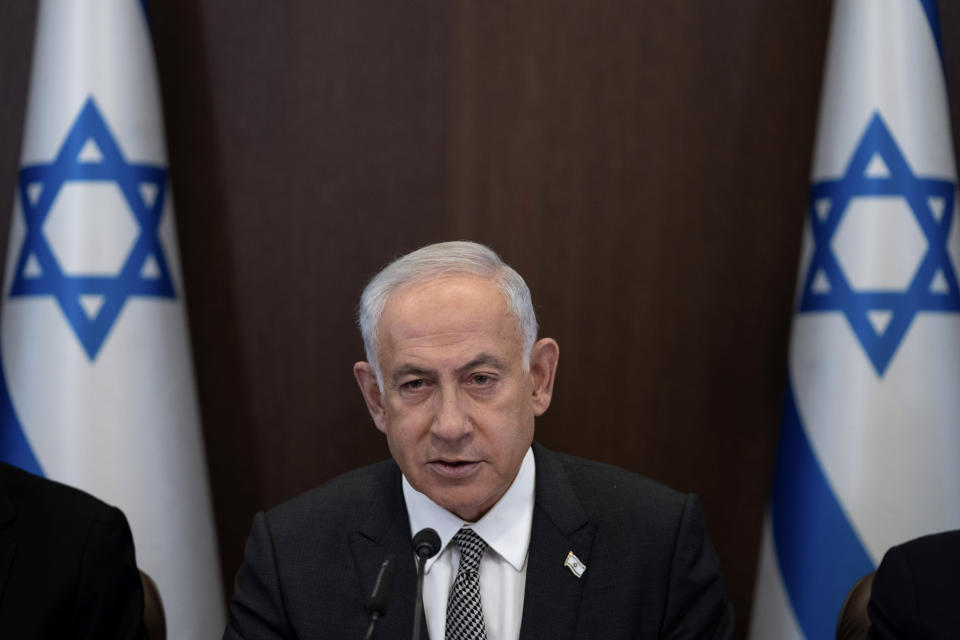 Israeli Prime Minister Benjamin Netanyahu chairs the weekly cabinet meeting in Jerusalem, Sunday, Feb. 12, 2023. (AP Photo/Ohad Zwigenberg, Pool)