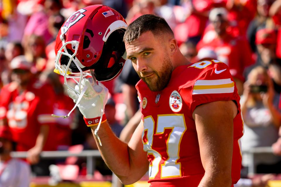 Chiefs tight end Travis Kelce during warmups before an NFL football game on Oct. 22, 2023, in Kansas City, Mo.