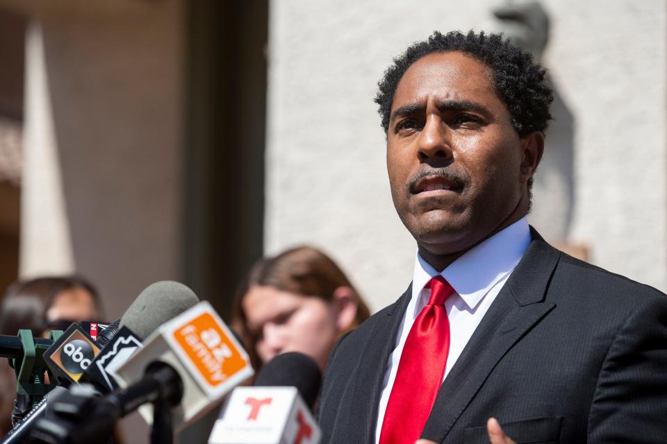 Attorney Benjamin Taylor speaks during a press conference regarding Angel Benitez, who was shot and killed by Mesa police, on Sept. 28, 2020, in Phoenix.