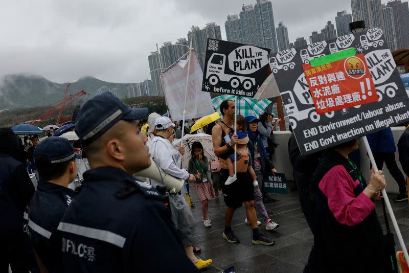 Protest against a land reclamation and waste transfer station project, in Hong Kong