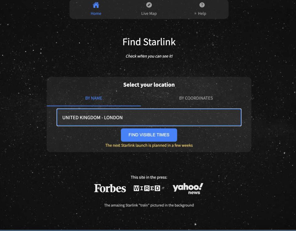 Screenshot of the Find Starlink page where you can see when Starlink satellites are visible