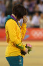 LONDON, ENGLAND - AUGUST 07: Gold medallist Anna Meares of Australia celebrates during the medal ceremony for the Women's Sprint Track Cycling Final on Day 11 of the London 2012 Olympic Games at Velodrome on August 7, 2012 in London, England. (Photo by Phil Walter/Getty Images)