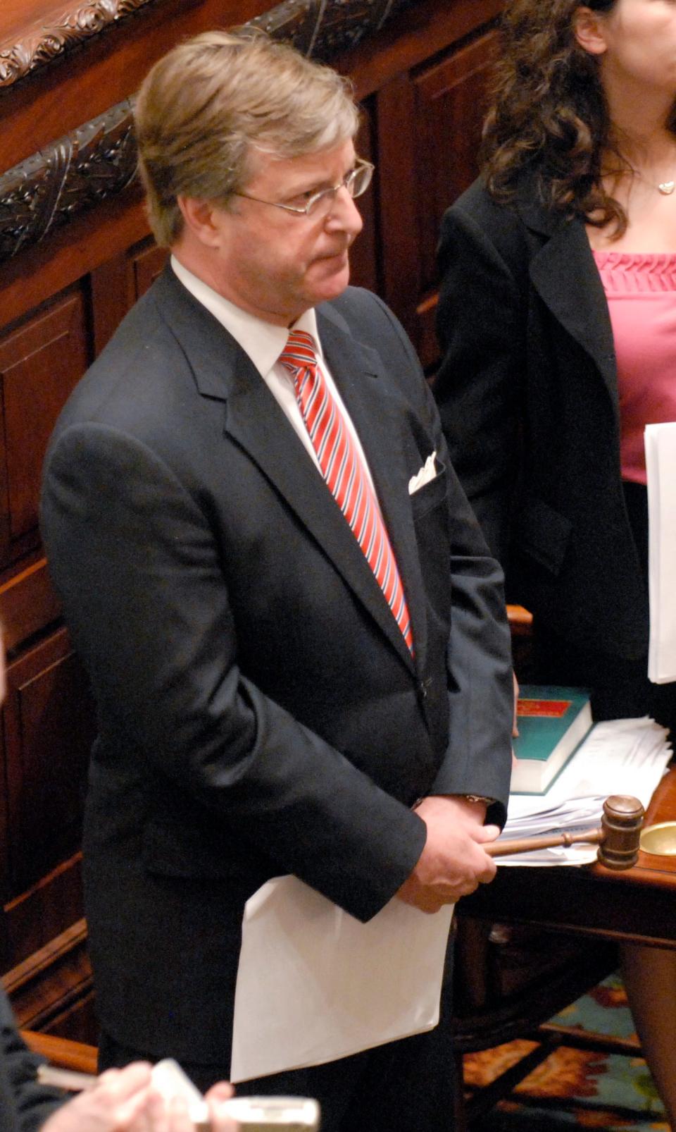 Sen. George Winner, R-Elmira, holds a gavel during a New York Senate session at the Capitol in Albany, N.Y. on Tuesday, June 23, 2009.  Winner was denied access to the podium at the start of the session, so he presided over the passage of bills from the floor. 