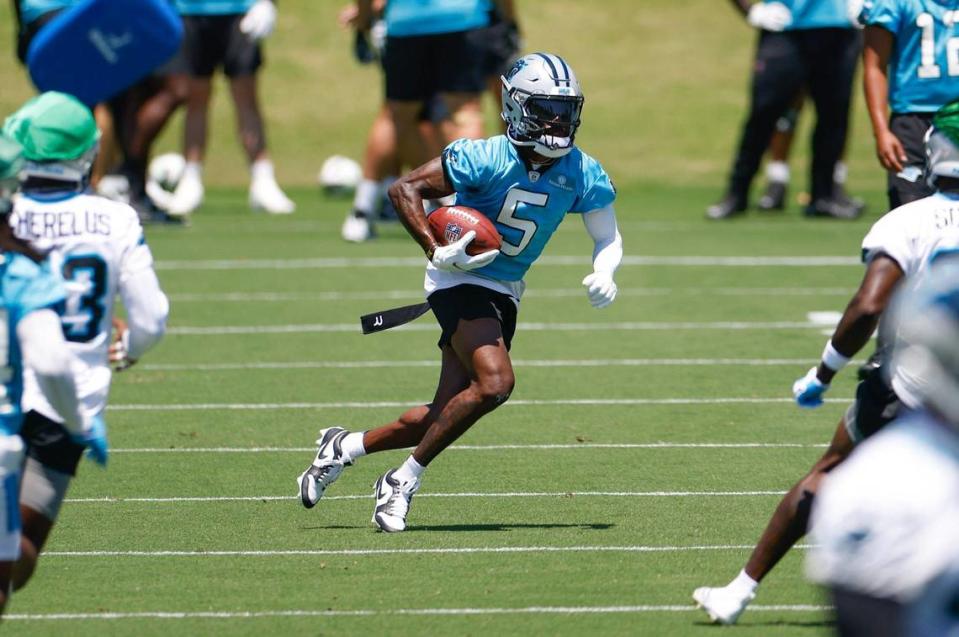 Panthers wide receiver Diontae Johnson (5) runs the ball for a special teams exercise during minicamp practice in Charlotte, NC on Tuesday, June 11, 2024.