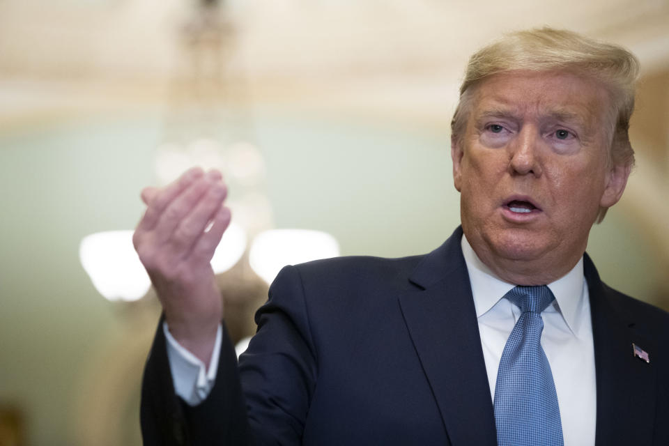 President Donald Trump speaks to reporters about the coronavirus outbreak on Tuesday, March 10, 2020, on Capitol Hill in Washington. (AP Photo/Alex Brandon)